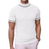 Suéter Masculino Coofandy, Simulado, Gola Alta, Manga Curta, Branco, Listrado