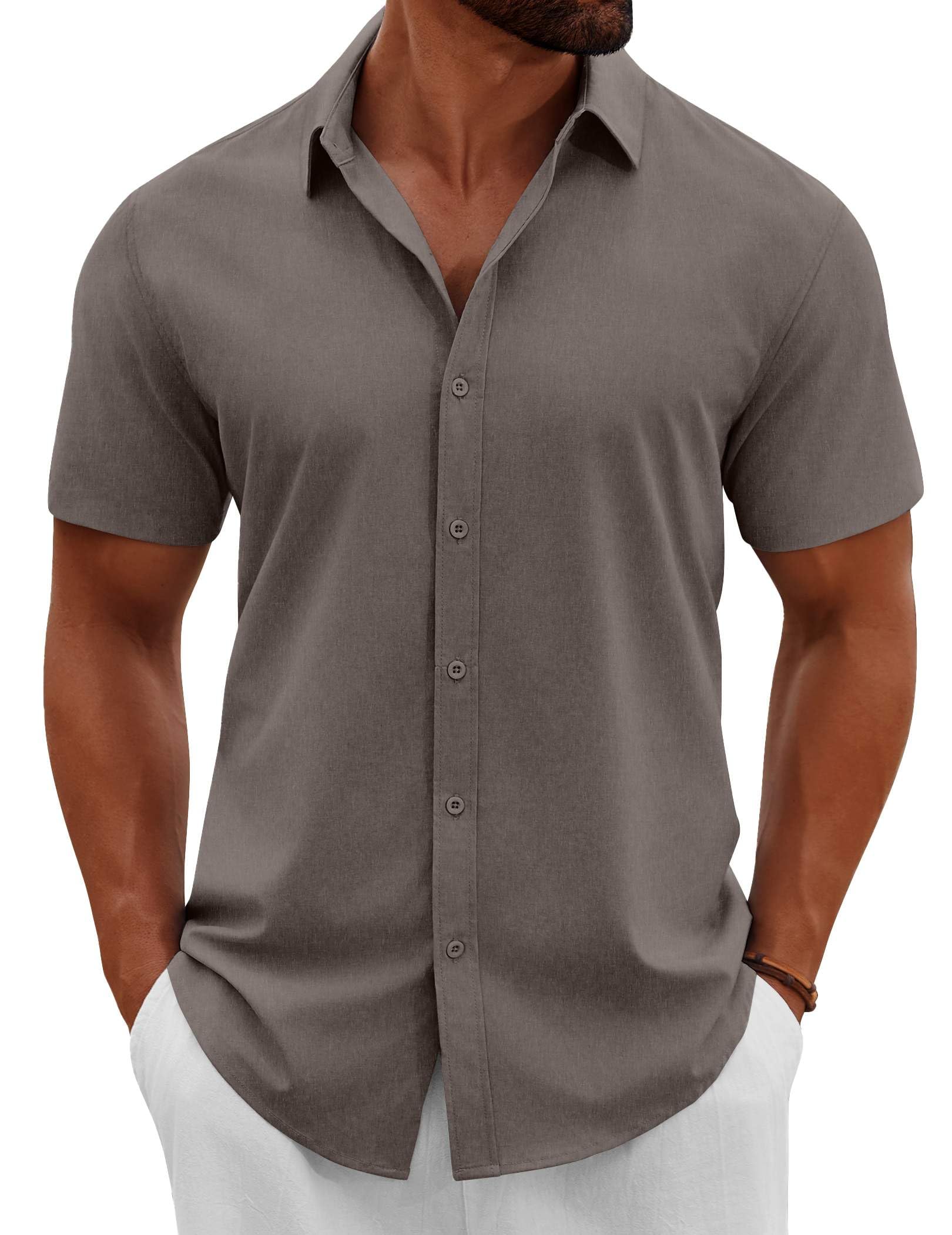 Camisa Masculina Coofandy De Manga Curta Com Botões, Linho, Marrom Claro