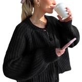 Suéter De Cardigã Acmplla Chunky Knit De Manga Comprida Preto Para Mulheres