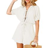 Macacão Rompers Fixmatti Summer Com Decote Em V E Gravata Automática Branco Para Mulheres