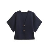 Cardigã Feminino De Tamanho Grande, Manga Curta, Azul Marinho, Wanzetaly