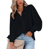 Blusa Feminina Zeagoo Com Botões Preta De Manga Comprida Com Decote Em V