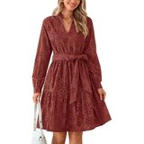 Vestido Feminino Prettygarden, Manga Comprida, Decote Em V, Linha, Marrom, Vermelho