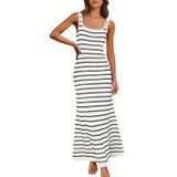 Vestido Longo Merokeety 2025 Feminino Sem Mangas Listrado Branco S