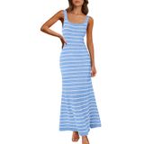 Vestido Maxi Feminino Merokeety 2025, Sem Mangas, Listrado, Azul Celeste