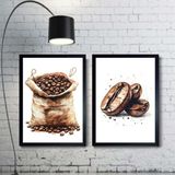 Kit 2 Quadros Aquarela - Grãos De Café 24x18cm - Com Vidro