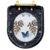 Assento Sanitario Poliester Decorado Borboleta Azul Carrara Preto Com Ferragem Dourada