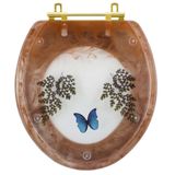 Assento Sanitário Decorado Oval Convencional Caramelo Com Borboleta Azul Com Ferragem Dourada
