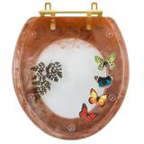 Assento Sanitário Poliéster Oval Convencional Caramelo Com 4 Borboletas Para Todas As Marcas Com Ferragem Dourada