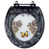 Assento Sanitário Decorado Oval Convencional Preto Com Borboleta Amarela Para Todas As Marcas Com Ferragem Preta