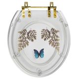 Assento Sanitário Decorado Oval Convencional Transparente Com Borboleta Azul Com Ferragem Dourada