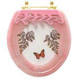 Assento Sanitário Poliester Oval Rosa Quartzo Decorado Borboleta Vermelha Com Ferragem Dourada