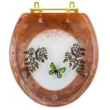 Assento Sanitário Decorado Oval Convencional Caramelo Com Borboleta Verde Para Todas As Marcas Com Ferragem Dourada