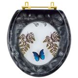 Assento Sanitário Poliester Oval Preto Decorado Borboleta Azul Com Ferragem Dourada