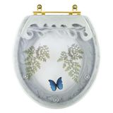 Assento Sanitário Poliester Oval Verde Agua Decorado Borboleta Azul Com Ferragem Dourada