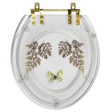 Assento Sanitário Decorado Oval Convencional Transparente Com Borboleta Verde Para Todas As Marcas Com Ferragem Dourada