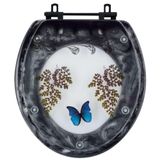 Assento Sanitário Decorado Oval Convencional Preto Com Borboleta Azul Com Ferragem Preta