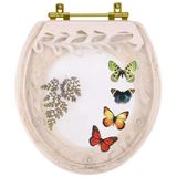 Assento Sanitário Poliéster Oval Convencional Creme Com 4 Borboletas Para Todas As Marcas Com Ferragem Dourada