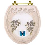 Assento Sanitário Decorado Oval Convencional Biscuit Com Borboleta Azul Com Ferragem Dourada