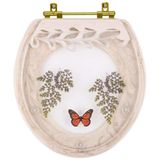 Assento Sanitário Poliester Decorado Oval Convencional Creme Avenca Com Borboleta Vermelha Com Ferragem Dourada