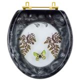 Assento Sanitário Decorado Oval Convencional Preto Com Borboleta Verde Para Todas As Marcas Com Ferragem Dourada