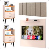 Kit 2 Mesinhas Lateral Off White/cinamomo Painel Tv 32 Polegadas Prateleira Suspensa Cabeceira Cama Box Casal 1,40 Bege Linho - Lojas Rpm