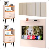 Kit 2 Mesinhas Lateral Off White/cinamomo Painel Tv 32 Polegadas Prateleira Suspensa Cabeceira Cama Box Casal 1,40 Areia Suede - Lojas Rpm