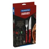 Jogo De Talheres Jumbo Para Churrasco Tramontina Em Aço Inox Com Cabo Vermelho Polywood 4 Peças