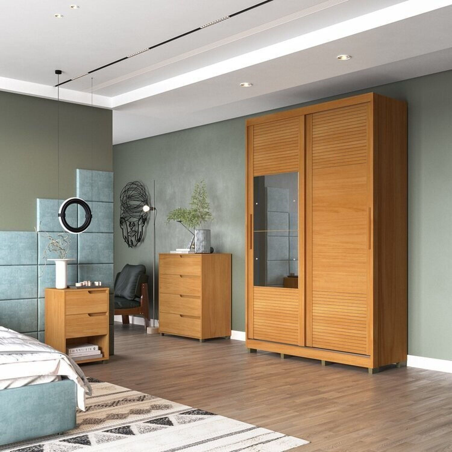 Quarto Solteiro Com Guarda-roupa 2 Portas De Correr, Cômoda E 1 Mesa De Cabeceira Thales Nature