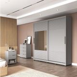 Quarto Casal Completo Com Guarda-roupa Malthus 2 Portas De Correr, 1 Cômoda E 2 Mesas De Cabeceira Cinza