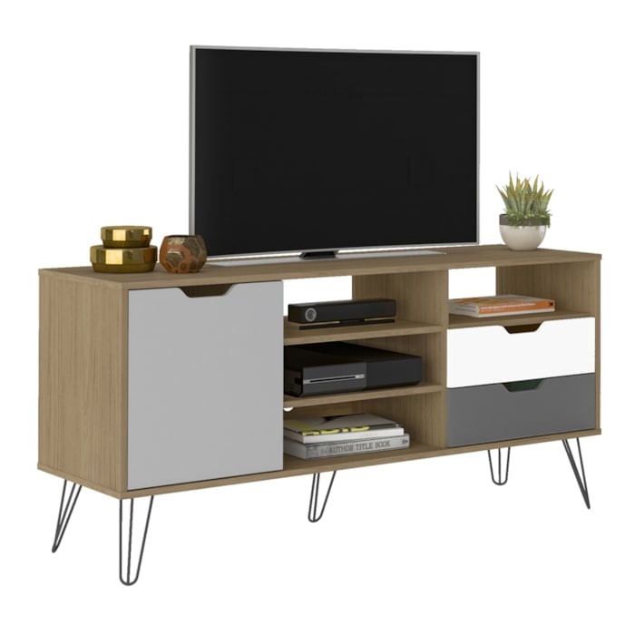 Rack Bancada Tv 60 Pol 140 Cm Grafite Prata Branco Carvalho Arly