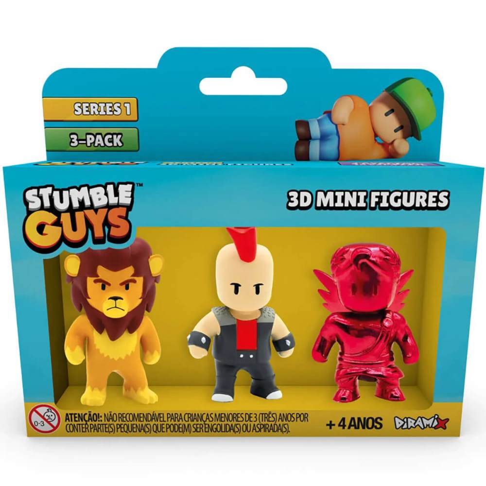 Pack Com 3 Mini Figuras Stumble Guys Leonidas / Punk Rock / Ruby Cupid Estrela