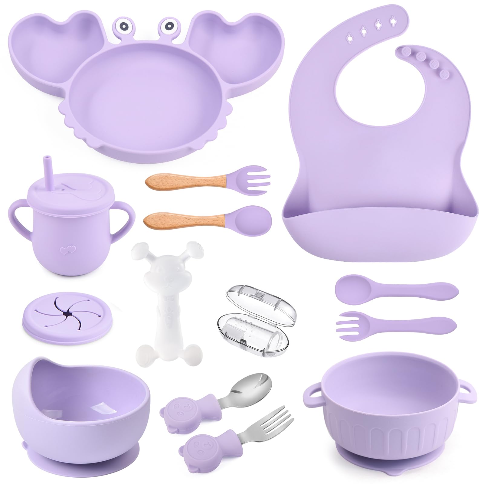 Conjunto De Alimentação Para Bebês Mraisebossup Silicone, 15 Peças Com Babador, Prato, Copo