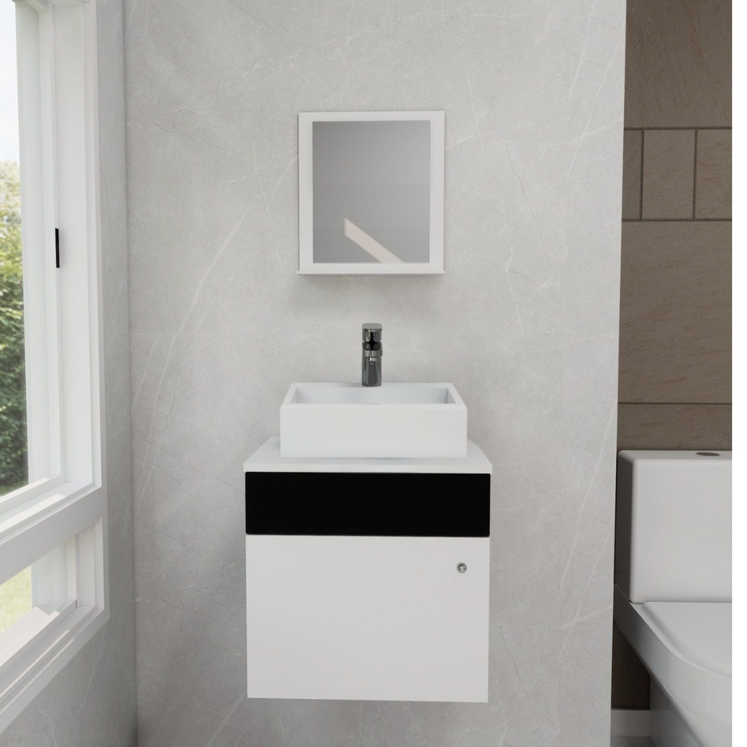 Gabinete Armário Para Banheiro Com Espelho E Cuba Mármore Sintético Preto/branco