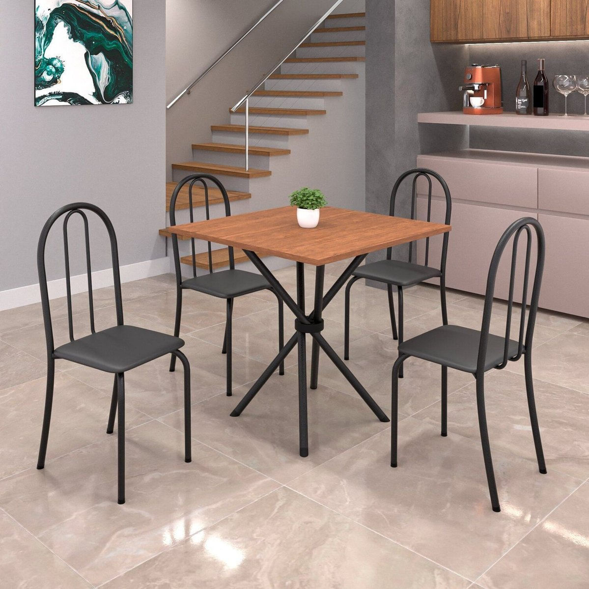 Conjunto De Mesa Tubular 70x70cm Tampo Em Mdf Com 4 Cadeiras Ane B Preto Liso / Preto Txt