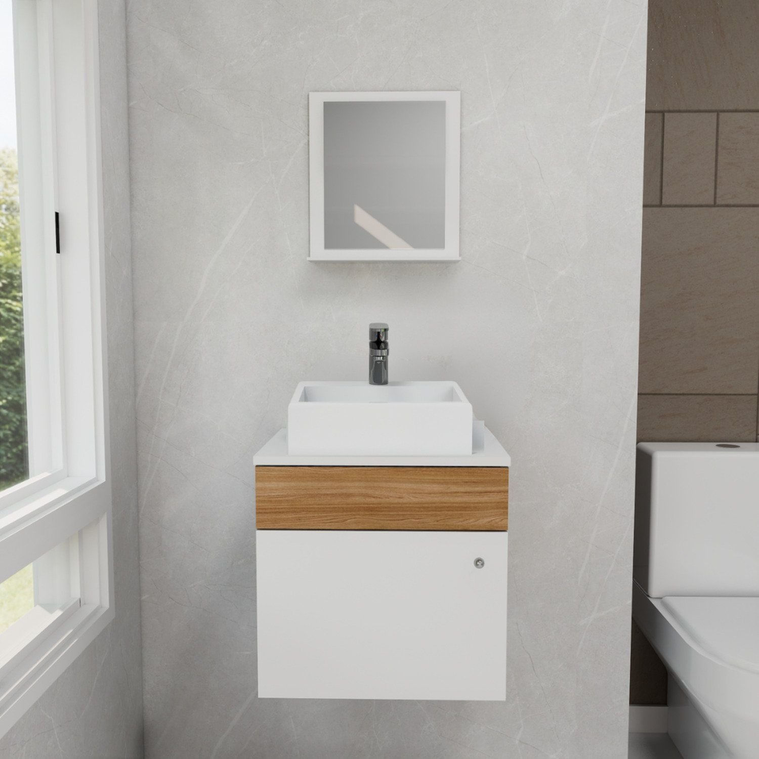 Gabinete Armário Para Banheiro Com Cuba Mármore Sintético Branco/marrom