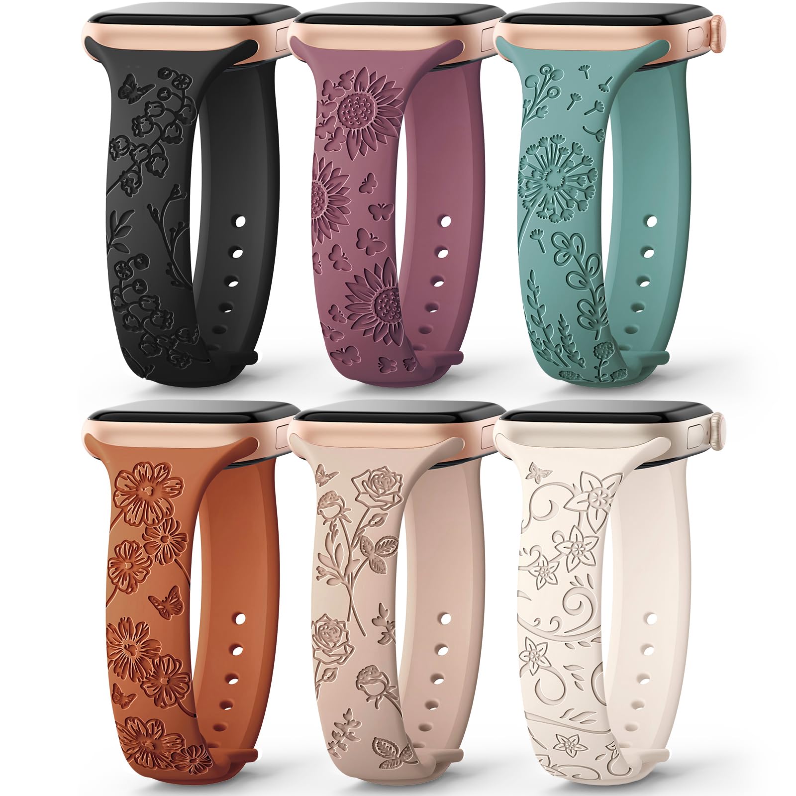 Pulseira De Relógio Amsky Slim Floral Gravada Em Silicone, Pacote Com 6, 40-49 Mm