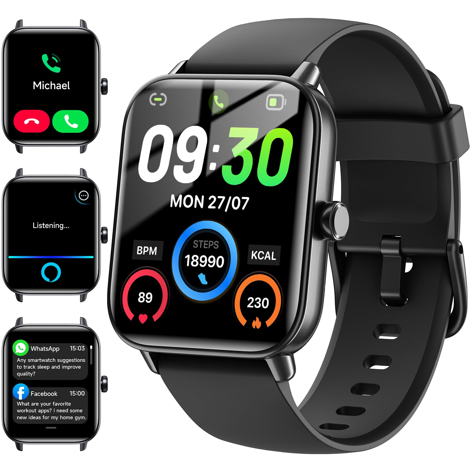 Smartwatch Hingso 1,8" Para Android E Iphone Com Alexa Ip68 Preto
