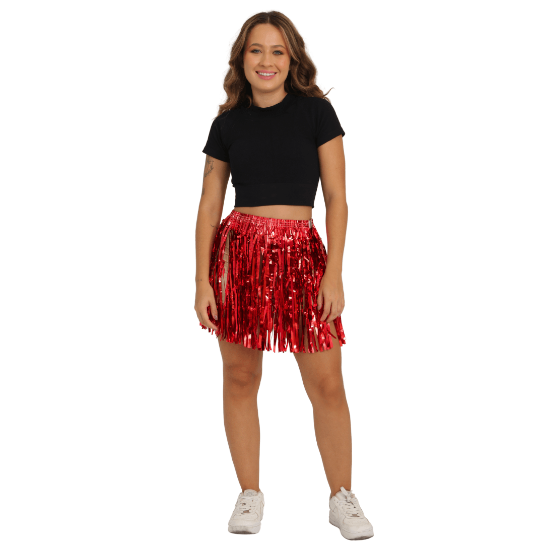 Saia De Carnaval Metalizada Colorida Fantasia Havaiana Adulto Vermelho