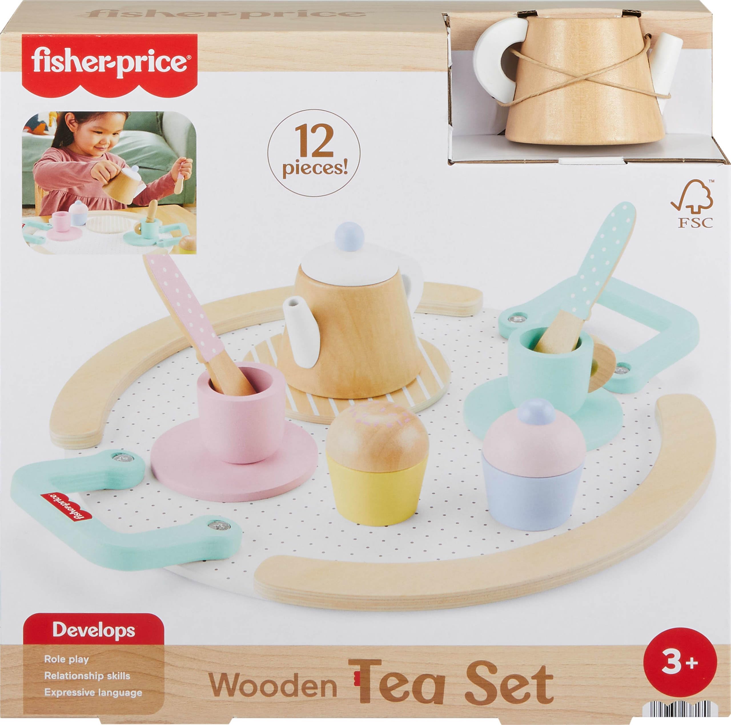 Conjunto De Chá De Brinquedo Fisher-price Wood De 12 Peças Para Crianças De 3 Anos Ou Mais