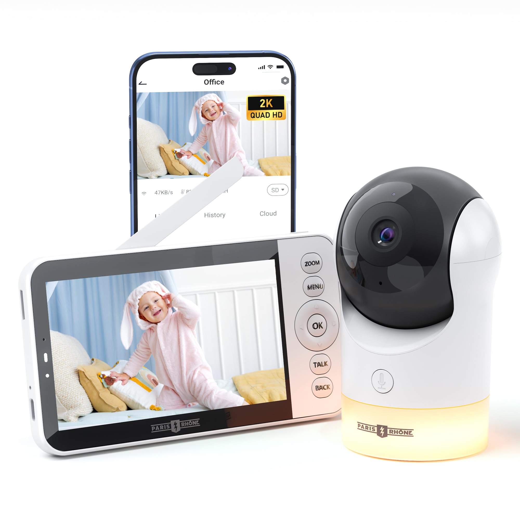 Monitor De Vídeo Para Bebês Paris Rhône 2k Uhd Wifi Camera 5"
