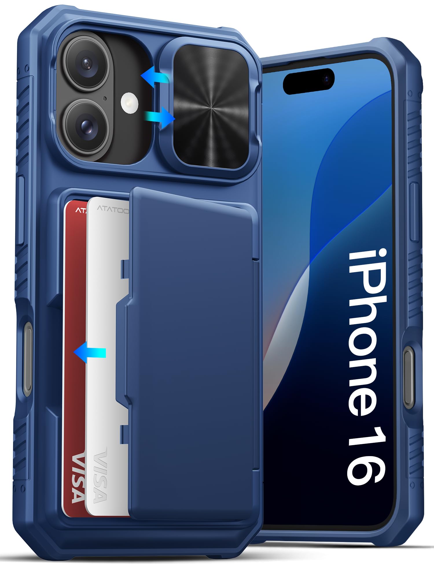 Capa De Telefone Atatoo Para Iphone 16 Com Suporte De Cartão Azul