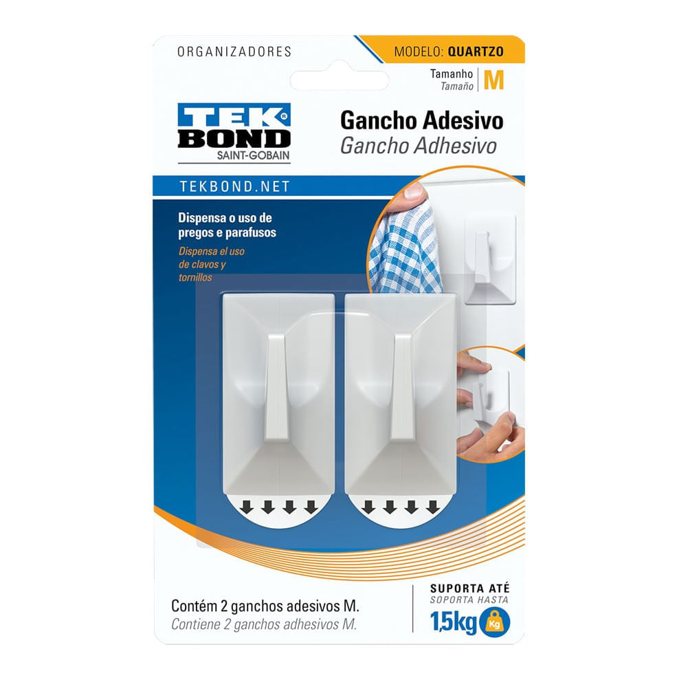 Gancho Plástico Adesivo Quartzo Médio - Até 1,5kg - 2 Unidades - Tekbond Branco Tek Bond