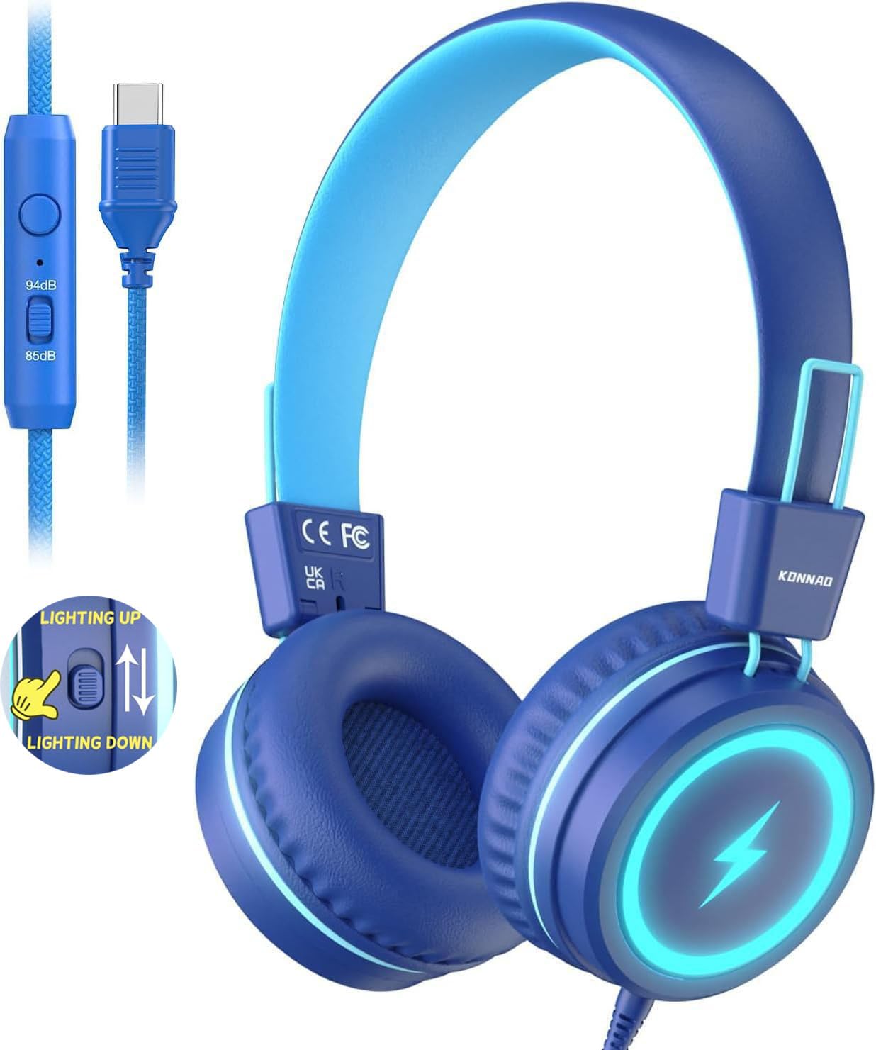 Fones De Ouvido Konnao Kids Usb Tipo C Com Luzes Led 85db/94db Azuis