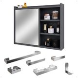 Espelheira Suspensa Armário Banheiro Prateleira Organizadora Cinza Kit Acessórios Lavabo 6 Peças Resistente Premium Cromado - Rpm