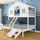 Beliche Casal/ Solteiro Casinha Dos Sonhos Com Kit Escada/ Escorregador Madeira Maciça Branco Megamobilia