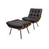 Poltrona E Puff De Couro Costela Preto Pigmentado - Mempra