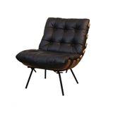 Poltrona E Puff De Couro Costela Wood - Preto Pigmentado - Mempra