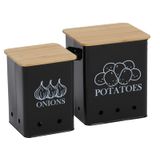 Conjunto De 2 Latas De Armazenamento De Vegetais De Cozinha Para Batatas, Cebola, Com Tampa De Madeira, Garlic Bin Caddy, Long Shelf Life-black
