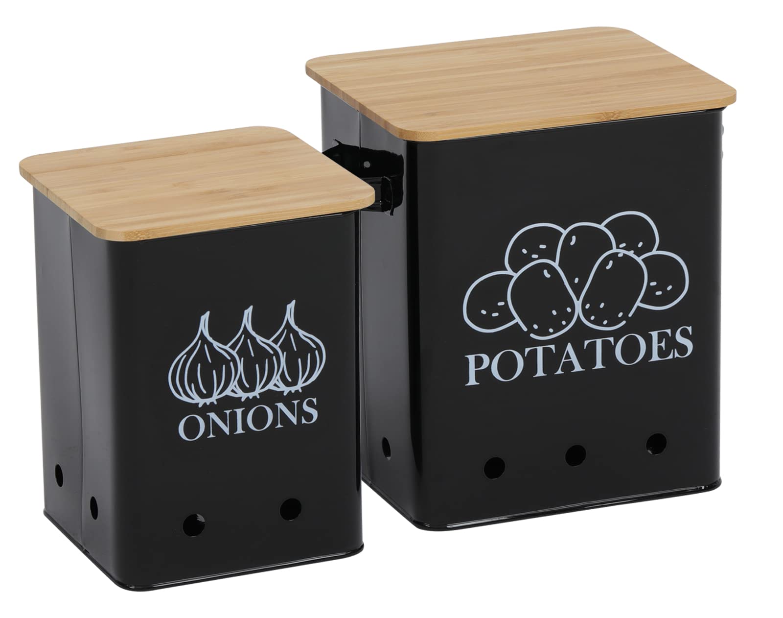 Conjunto De 2 Latas De Armazenamento De Vegetais De Cozinha Para Batatas, Cebola, Com Tampa De Madeira, Garlic Bin Caddy, Long Shelf Life-black